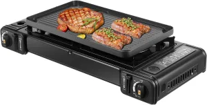 ‌Black Portable Camping Stove with 2 Burners & Grill Tray, Compact Outdoor Gas Stove for Backpacking, Picnics & Tailgating, Adjustable Flame Control, Windproof Design & Carry Case Included