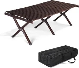 Black Roll Table, Camping Table, Wood Roll Table, Wooden, Outdoor Table, Folding Roll-up Camping Table Portable Picnic Table, Foldable Table for Camping BBQ Party Patio Beach 120 x 60 x 40CM
