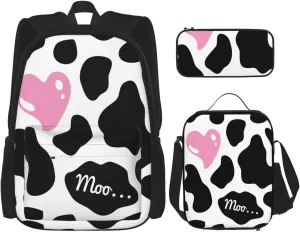 Black White Milk Cow Print Versatile Adjustable Shoulder Fashion Backpack Lunch Bag Pencil Case Large Capacity