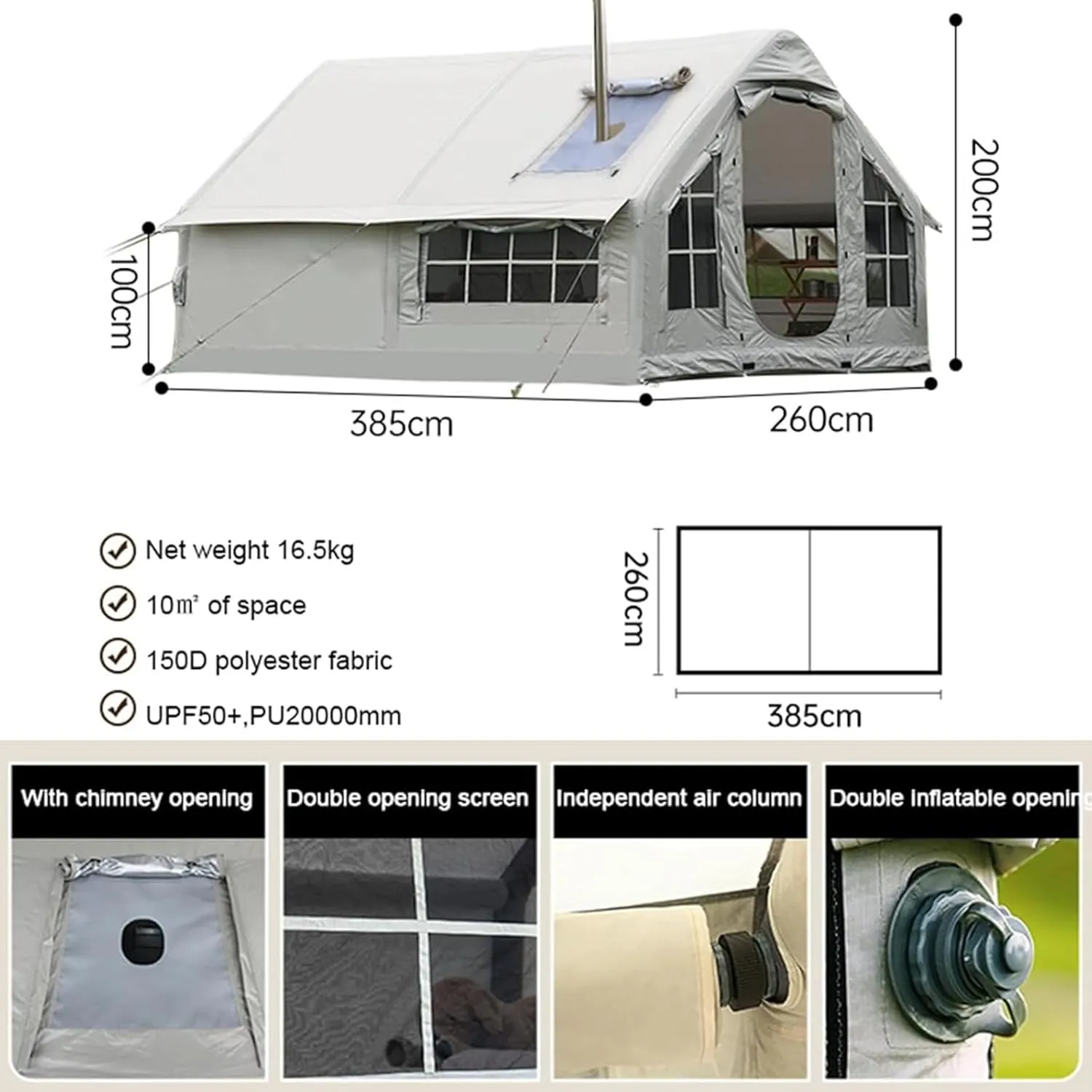 Blow Up Tents 6-8 Man Inflatable Camping Tent,10㎡ Large Glamping Tent with Stove Hole,Easy Setup Large Family Air Tents 4 Season 3000mm Waterproof Pop-Up Pump Up House,Quick to Set Up