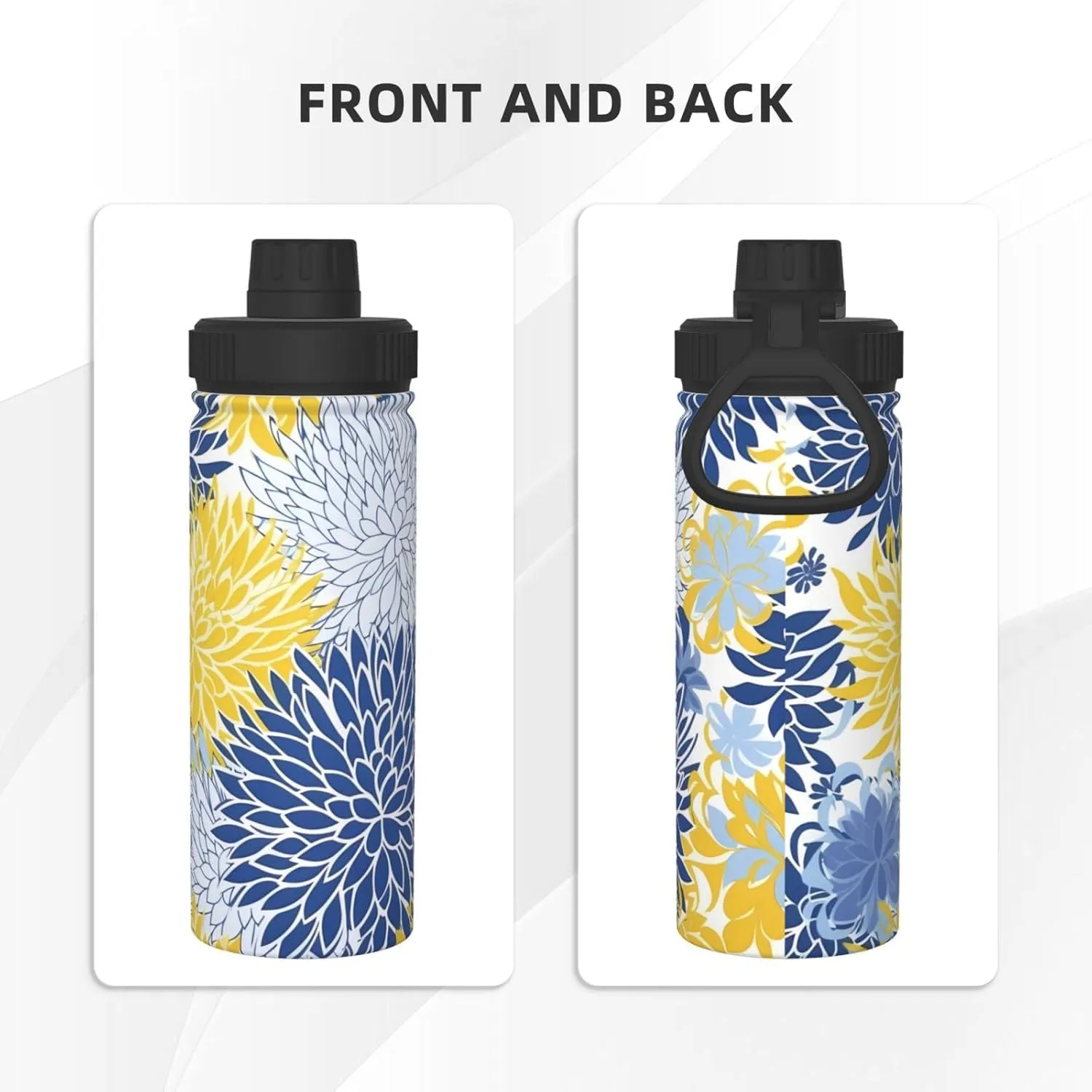 Blue Flower 18 oz Stainless Steel Water Bottles Insulated Sports Water Bottle with Handle, Yellow Floral Double Wall Travel Water Flask for Men Women