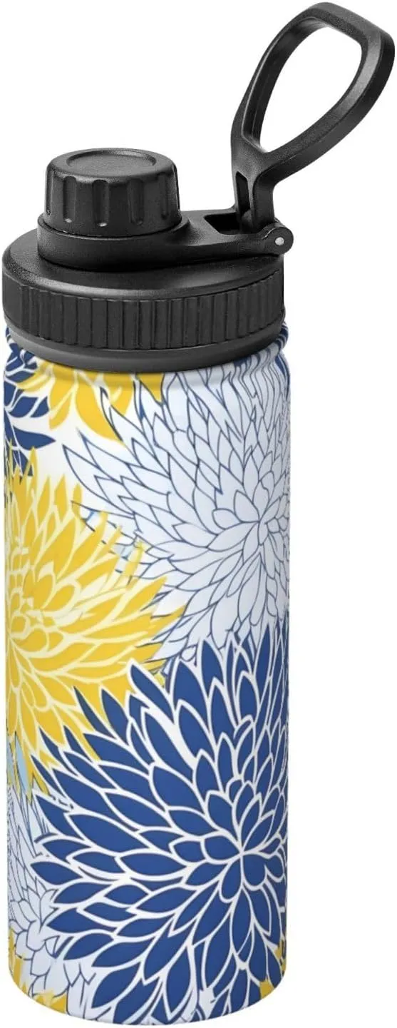 Blue Flower 18 oz Stainless Steel Water Bottles Insulated Sports Water Bottle with Handle, Yellow Floral Double Wall Travel Water Flask for Men Women