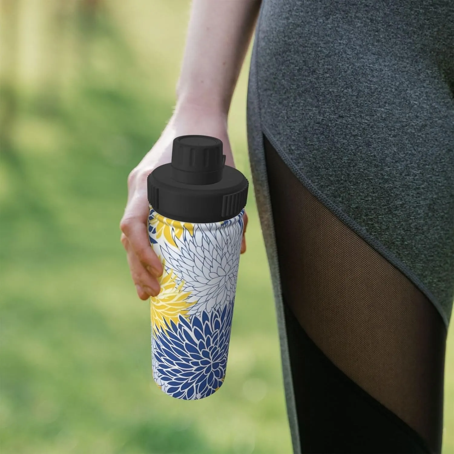 Blue Flower 18 oz Stainless Steel Water Bottles Insulated Sports Water Bottle with Handle, Yellow Floral Double Wall Travel Water Flask for Men Women
