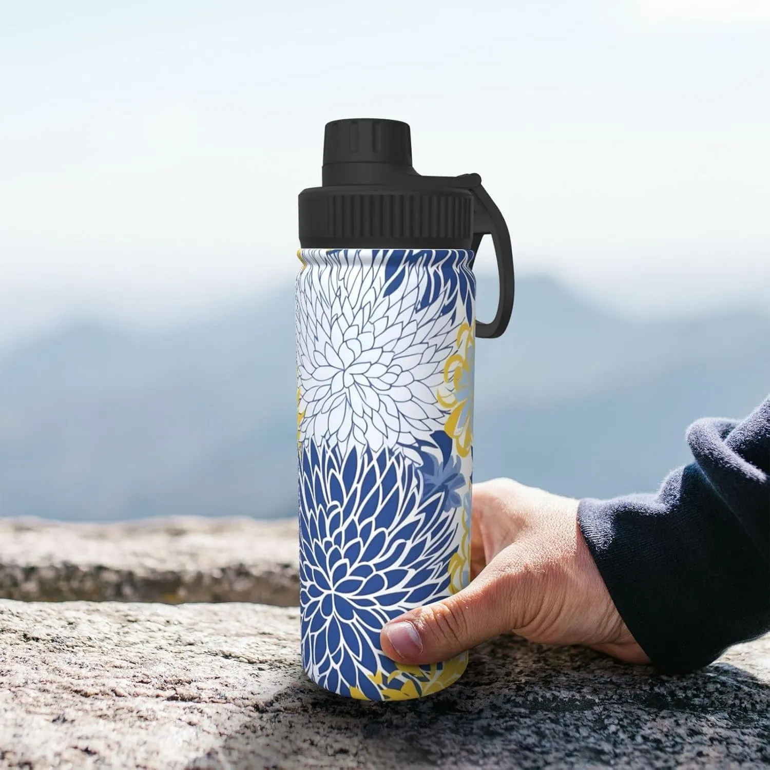 Blue Flower 18 oz Stainless Steel Water Bottles Insulated Sports Water Bottle with Handle, Yellow Floral Double Wall Travel Water Flask for Men Women