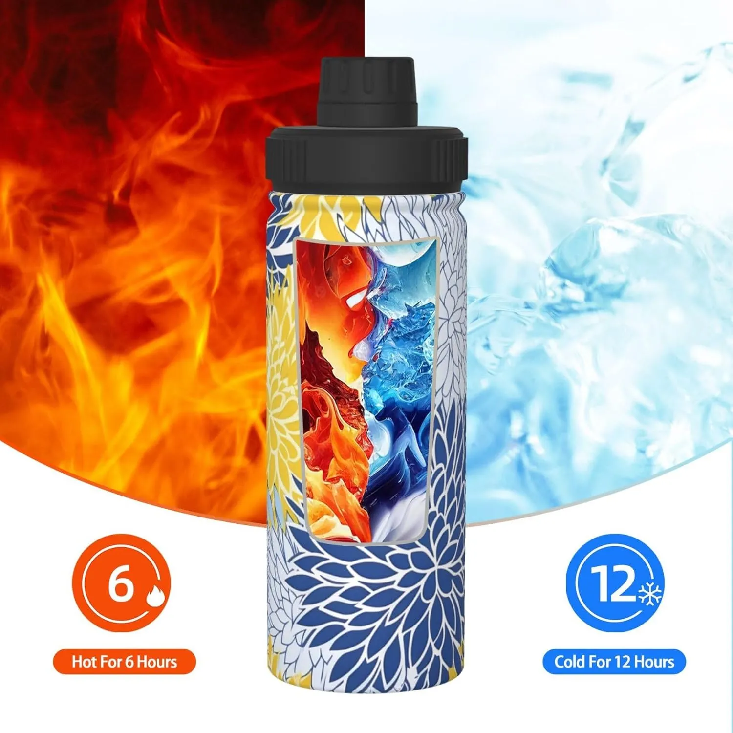 Blue Flower 18 oz Stainless Steel Water Bottles Insulated Sports Water Bottle with Handle, Yellow Floral Double Wall Travel Water Flask for Men Women
