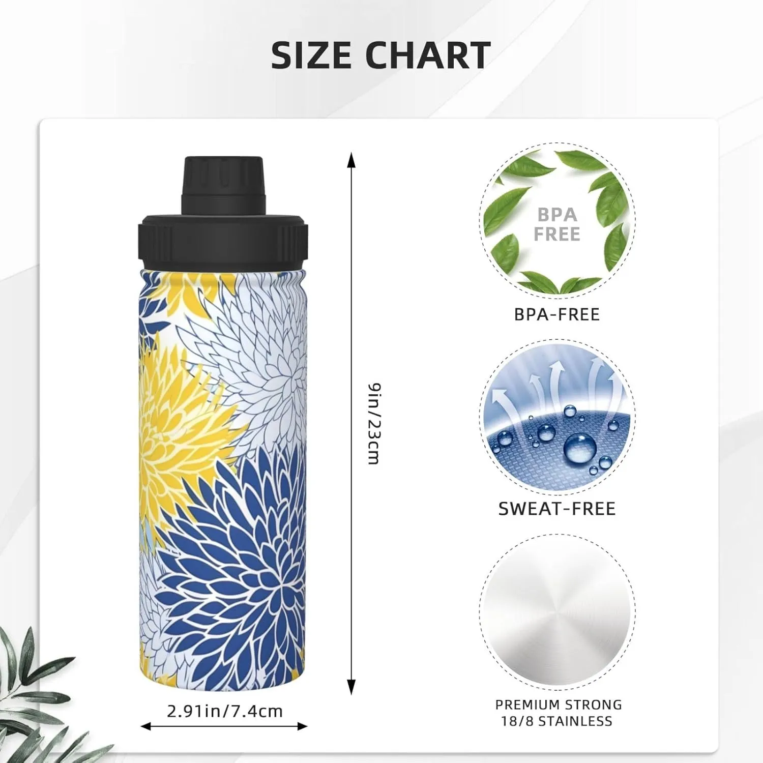 Blue Flower 18 oz Stainless Steel Water Bottles Insulated Sports Water Bottle with Handle, Yellow Floral Double Wall Travel Water Flask for Men Women