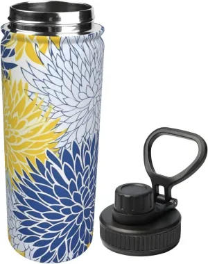 Blue Flower 18 oz Stainless Steel Water Bottles Insulated Sports Water Bottle with Handle, Yellow Floral Double Wall Travel Water Flask for Men Women