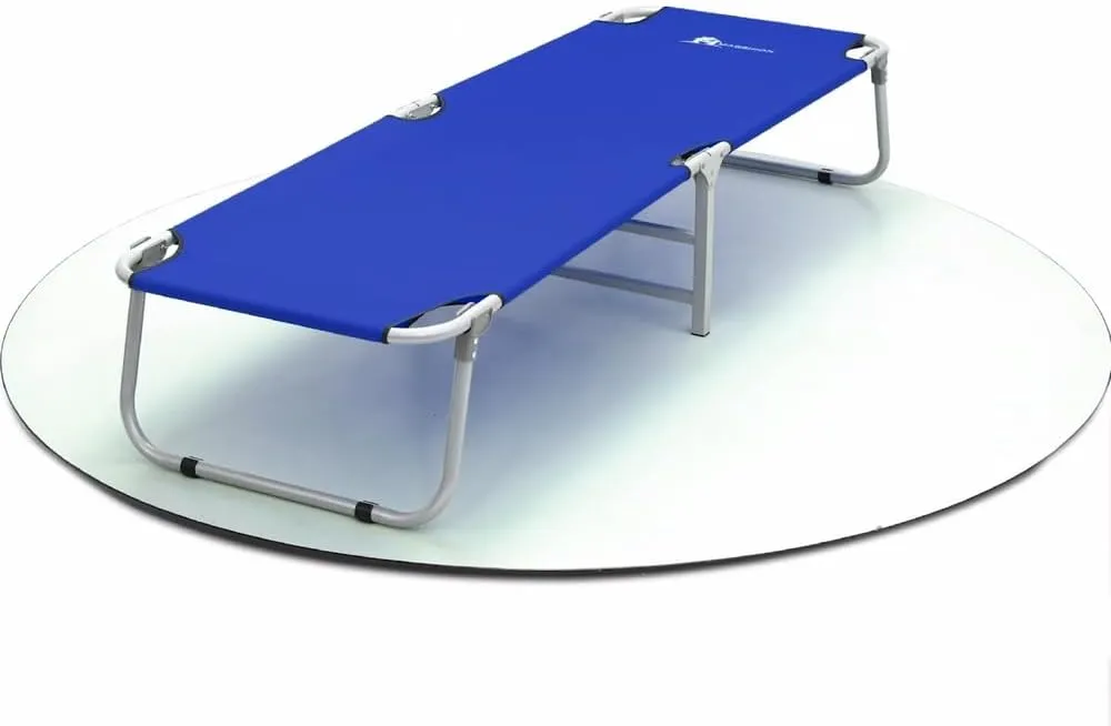 Blue Folding Steel Frame Cot Recliner Portable Camping Military Bed w/Dust Cover