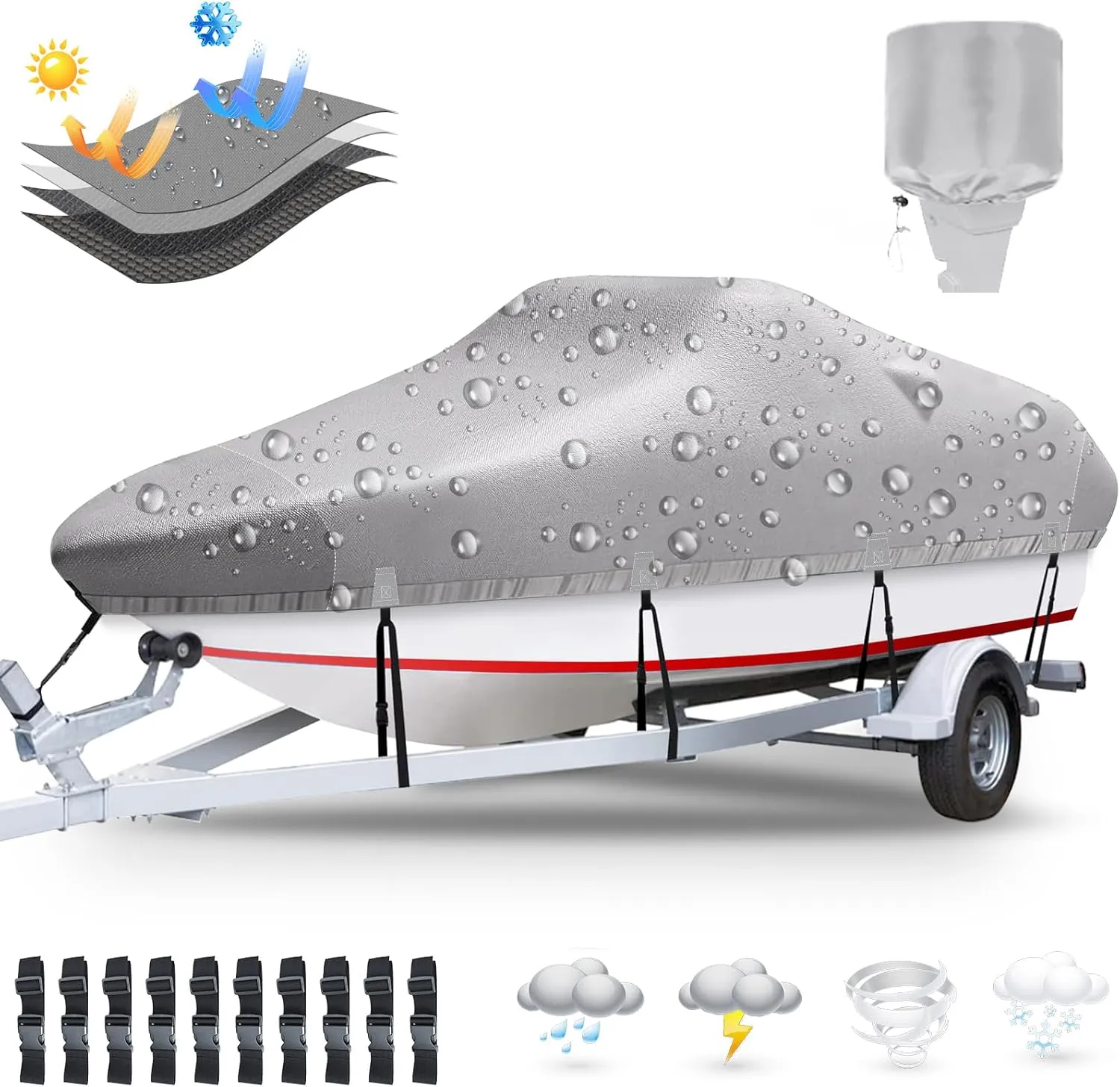 Boat Cover, 16'-18.5' Heavy Duty 1200D Polyester Canvas Trailerable Boat covers, UV Resistant Waterproof Bass Boat Covers with Motor Cover, Fits V-Hull Tri-Hull Boat, Runabout,Fish&Ski Boat