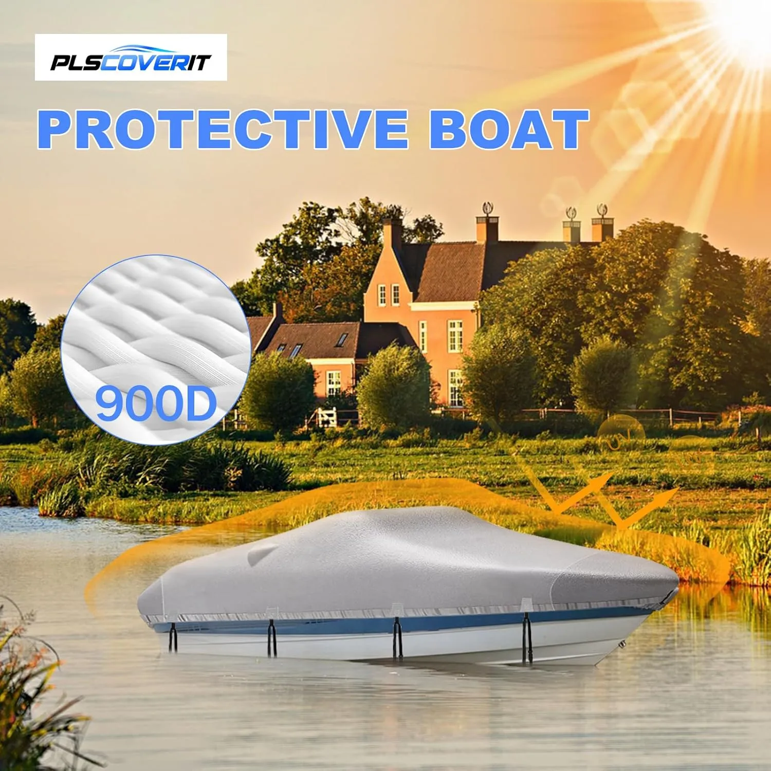 Boat Cover, 16'-18.5' Heavy Duty 1200D Polyester Canvas Trailerable Boat covers, UV Resistant Waterproof Bass Boat Covers with Motor Cover, Fits V-Hull Tri-Hull Boat, Runabout,Fish&Ski Boat