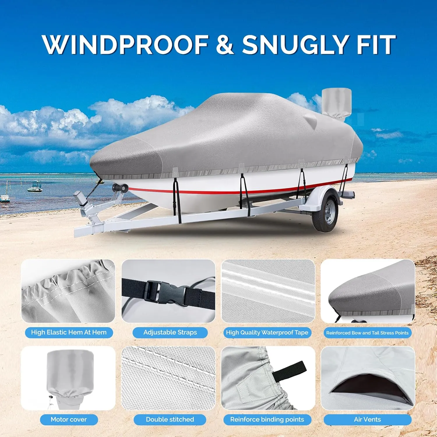 Boat Cover, 16'-18.5' Heavy Duty 1200D Polyester Canvas Trailerable Boat covers, UV Resistant Waterproof Bass Boat Covers with Motor Cover, Fits V-Hull Tri-Hull Boat, Runabout,Fish&Ski Boat