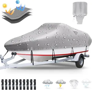 Boat Cover, 16'-18.5' Heavy Duty 1200D Polyester Canvas Trailerable Boat covers, UV Resistant Waterproof Bass Boat Covers with Motor Cover, Fits V-Hull Tri-Hull Boat, Runabout,Fish&Ski Boat