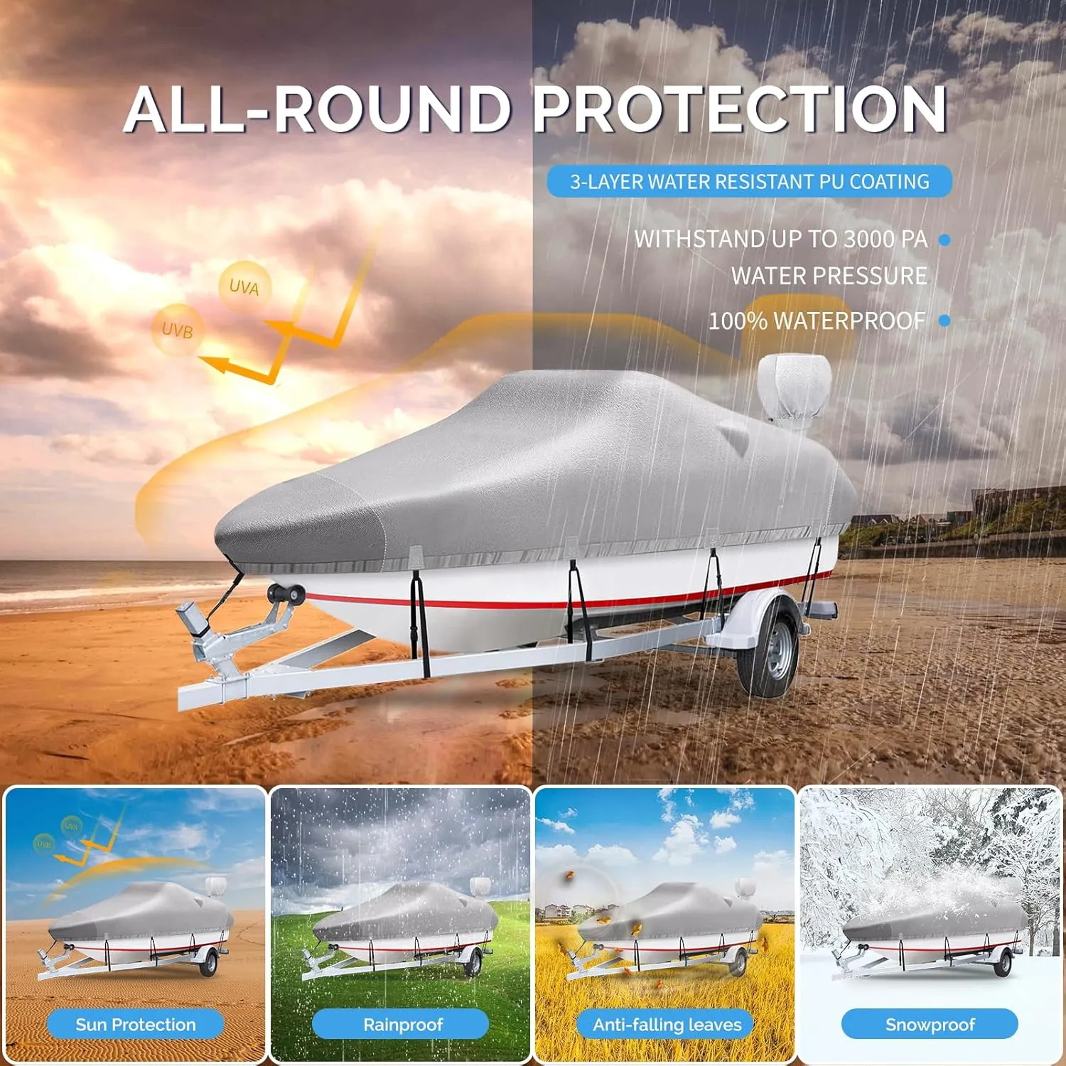 Boat Cover, 16'-18.5' Heavy Duty 1200D Polyester Canvas Trailerable Boat covers, UV Resistant Waterproof Bass Boat Covers with Motor Cover, Fits V-Hull Tri-Hull Boat, Runabout,Fish&Ski Boat