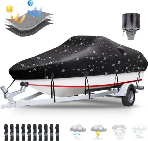 Boat Covers 17-19ft, Waterproof Trailerable Boat Cover, Heavy Duty 1200D Oxford UV Resistant Bass Boat Covers with Motor Cover, Fits V-Hull Tri-Hull Fish&Ski Boat, Runabout
