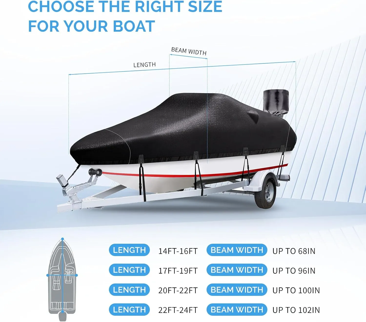 Boat Covers 17-19ft, Waterproof Trailerable Boat Cover, Heavy Duty 1200D Oxford UV Resistant Bass Boat Covers with Motor Cover, Fits V-Hull Tri-Hull Fish&Ski Boat, Runabout