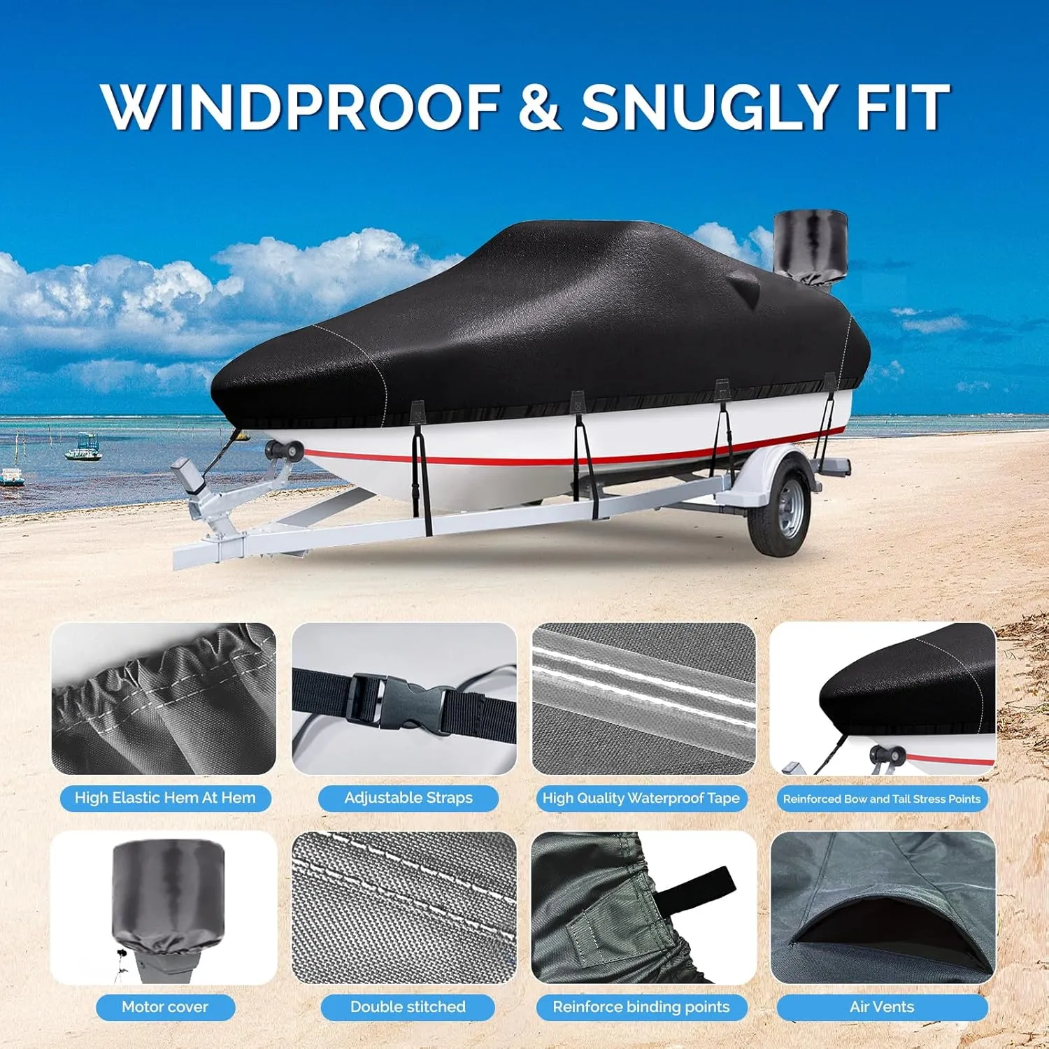 Boat Covers 17-19ft, Waterproof Trailerable Boat Cover, Heavy Duty 1200D Oxford UV Resistant Bass Boat Covers with Motor Cover, Fits V-Hull Tri-Hull Fish&Ski Boat, Runabout