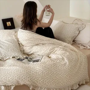 BuLuTu Vintage Floral Design Kids Duvet Cover Twin Cottage Camellia Print Comforter Cover with Ruffles Soft Muslin Cotton Quilt Cover for Girls Boys, Zipper & Corner Ties, No Filling/Pillowcase
