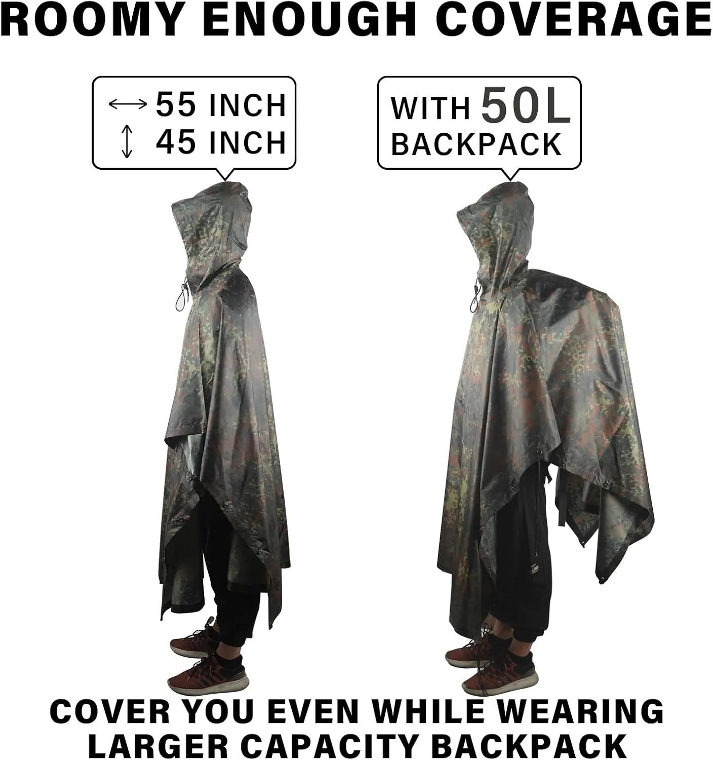Camo Rain Poncho, Multi Use Waterproof Rain Coat