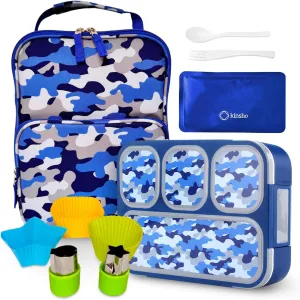 Camouflage Bento, Lunch Box Ice Pack Set for Boys Kids Men, Insulated Thermal Bag for School, Container Boxes for Big Kid Tween Adult Lunches, Blue Black Camo