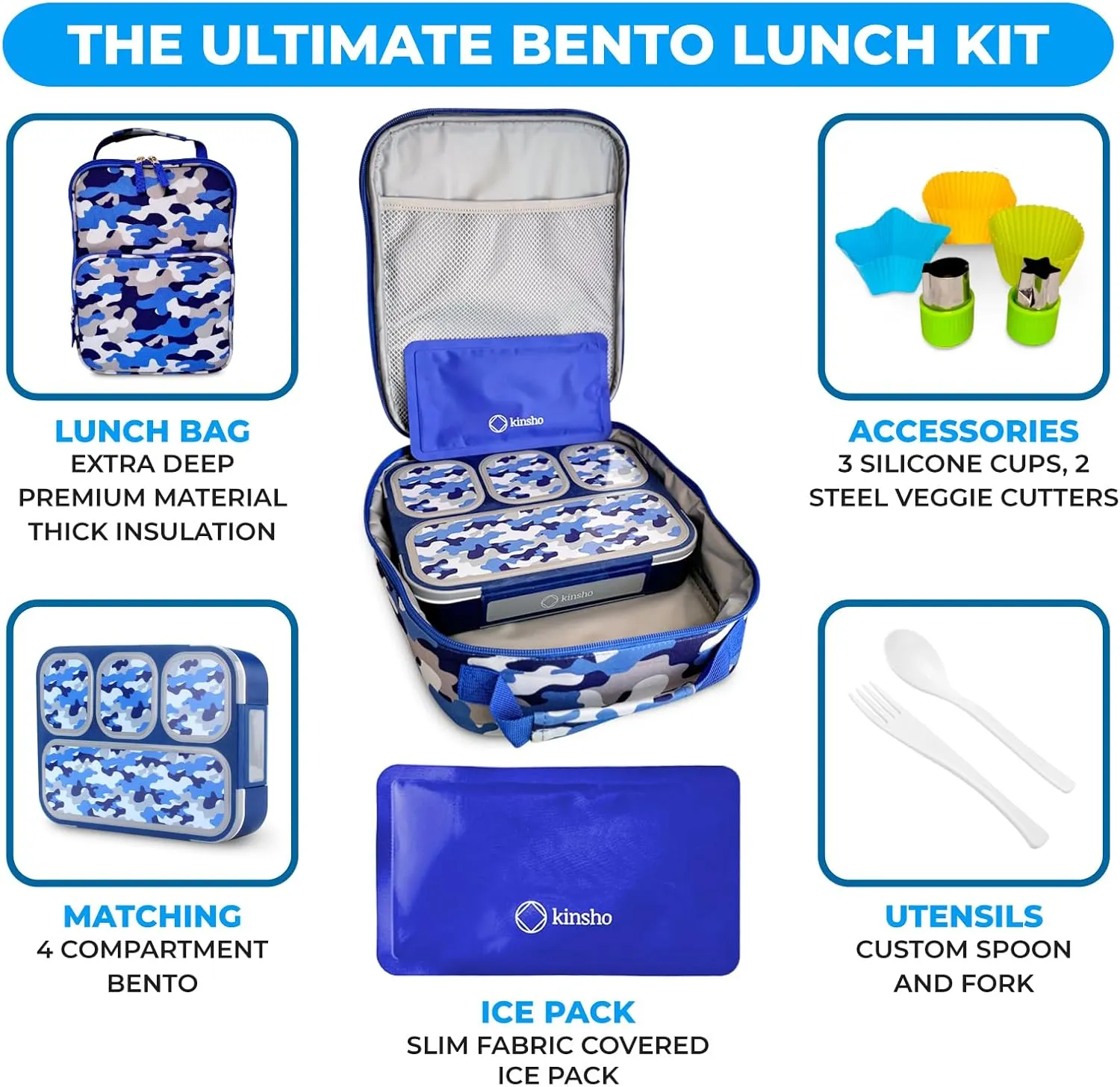 Camouflage Bento, Lunch Box Ice Pack Set for Boys Kids Men, Insulated Thermal Bag for School, Container Boxes for Big Kid Tween Adult Lunches, Blue Black Camo