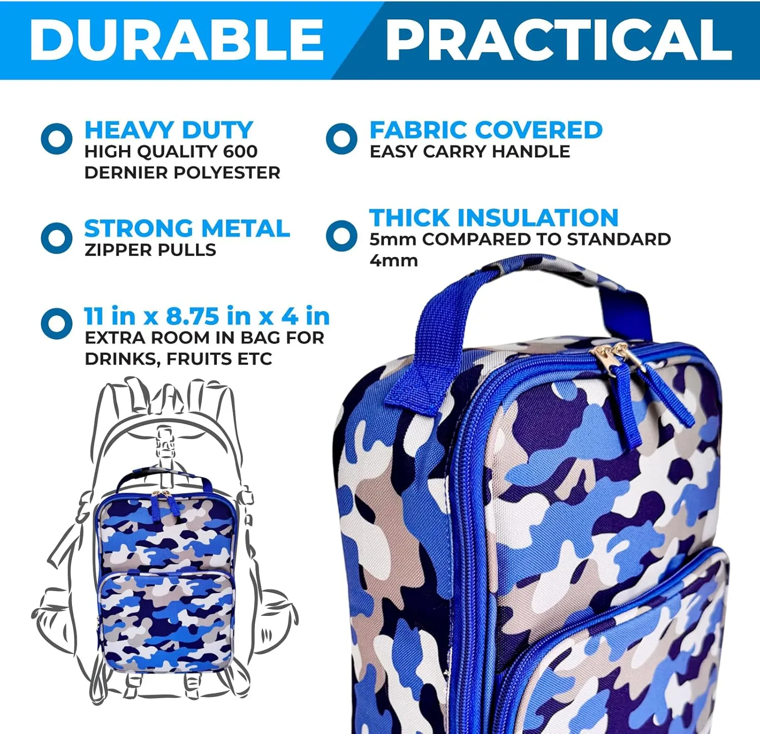 Camouflage Bento, Lunch Box Ice Pack Set for Boys Kids Men, Insulated Thermal Bag for School, Container Boxes for Big Kid Tween Adult Lunches, Blue Black Camo