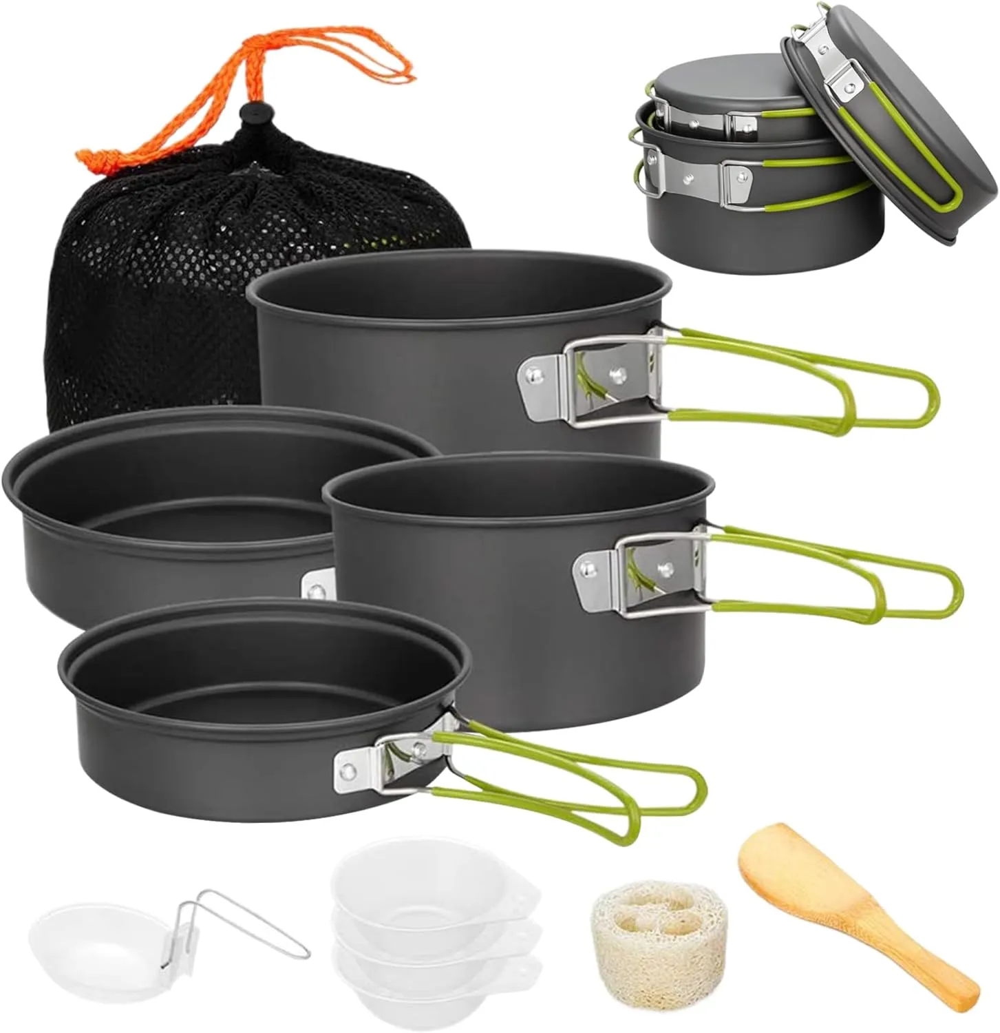 Camping Cooking Set, Aluminium Alloy Non-Stick Camping Pots and Pans with Handle, Portable Stackable Camping Cookware with Mesh Bag for Outdoor Camping Hiking Picnic Camping Pan Set