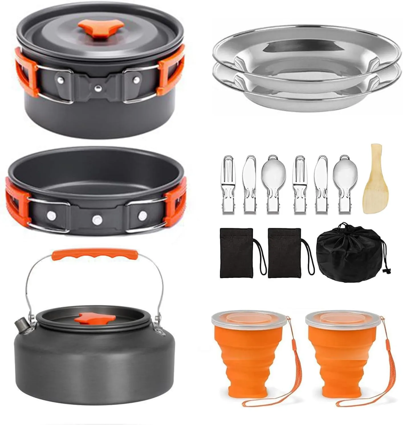 Camping Cookware Camping Cooking Set, Non-Stick Pots and Pans with Stove and Kettle, 2 Stainless Steel Plates, 2 Water Cups, 2 Sets of Knives and Forks, Spatula, Dish Towel, Backpack Storage Bag