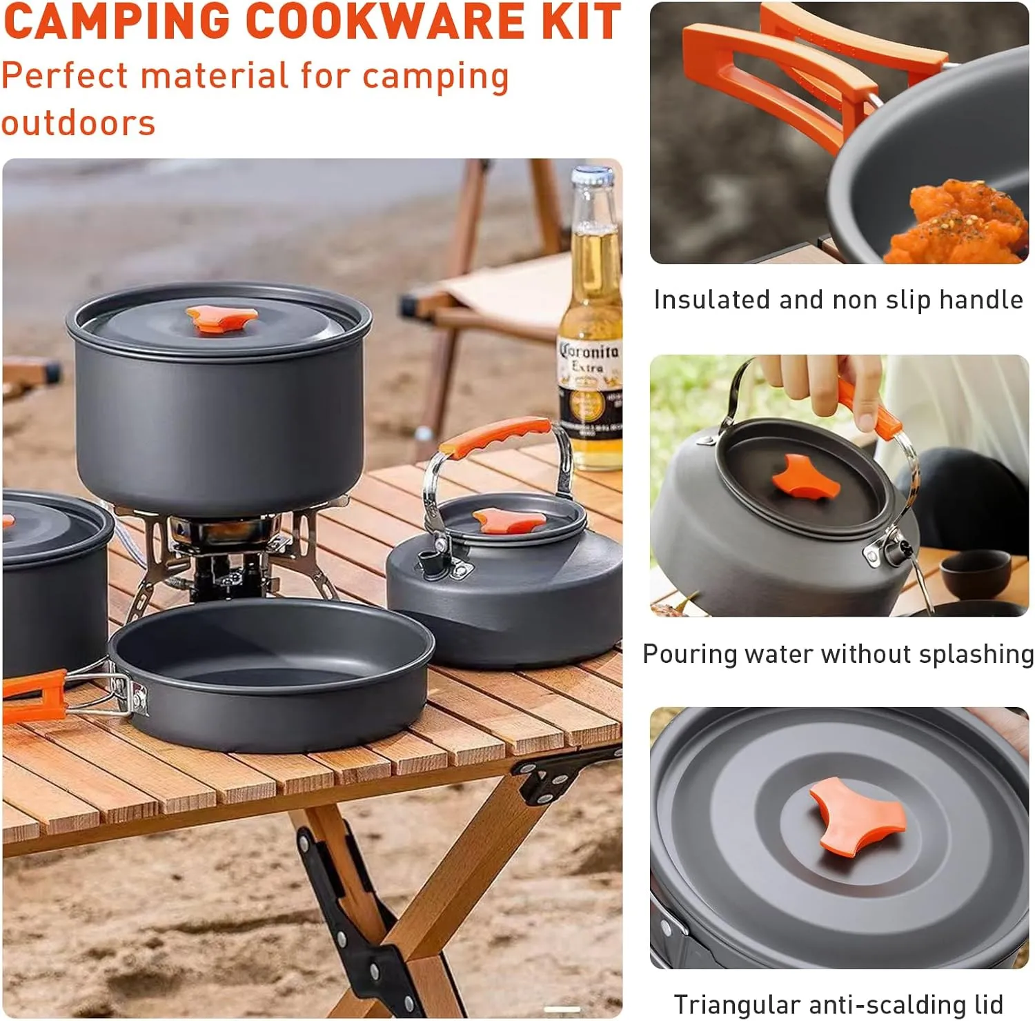 Camping Cookware Camping Cooking Set, Non-Stick Pots and Pans with Stove and Kettle, 2 Stainless Steel Plates, 2 Water Cups, 2 Sets of Knives and Forks, Spatula, Dish Towel, Backpack Storage Bag