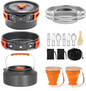 Camping Cookware Camping Cooking Set, Non-Stick Pots and Pans with Stove and Kettle, 2 Stainless Steel Plates, 2 Water Cups, 2 Sets of Knives and Forks, Spatula, Dish Towel, Backpack Storage Bag