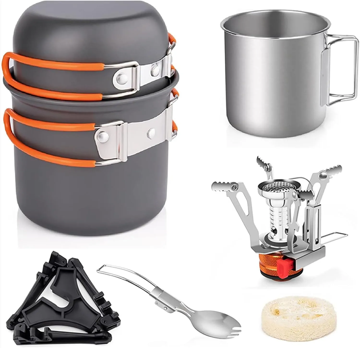 Camping Cookware Set Lightweight Portable Compact Outdoor Cooking Kit with Foldable Stove Anodized Aluminum Pots Pans Stainless Steel Cup Fork Spoon for Camping Hiking Backpacking