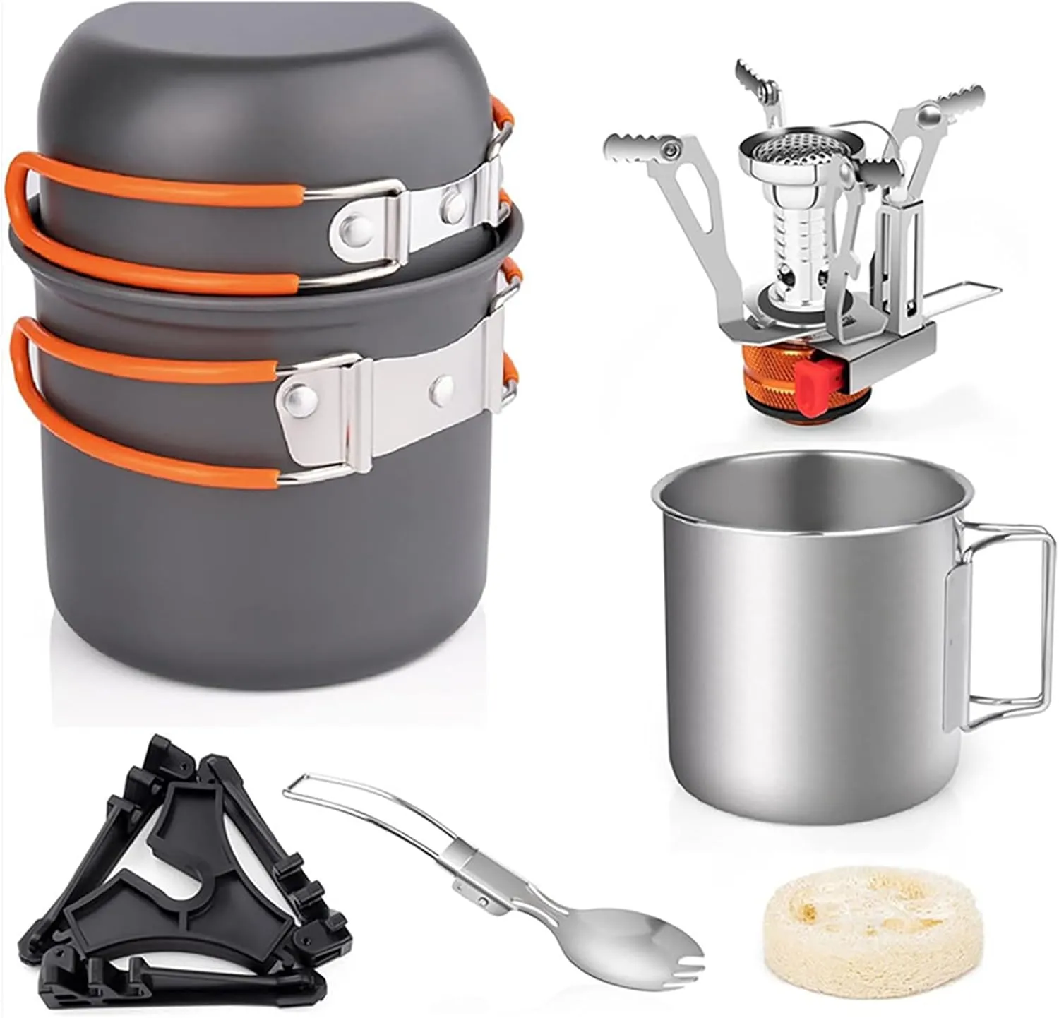 Camping Cookware Set Lightweight Portable Compact Outdoor Cooking Kit with Foldable Stove Anodized Aluminum Pots Pans Stainless Steel Cup Fork Spoon for Camping Hiking Backpacking