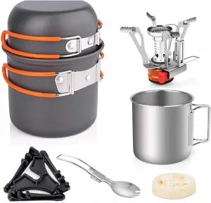 Camping Cookware Set Lightweight Portable Compact Outdoor Cooking Kit with Foldable Stove Anodized Aluminum Pots Pans Stainless Steel Cup Fork Spoon for Camping Hiking Backpacking