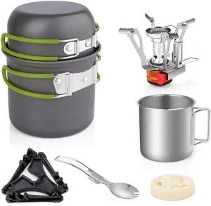 Camping Cookware Set with Folding Camping Stove Weight Pot Pan Set with Stainless Steel Cup & Fork Spoon for Outdoors Cooking Camping Hiking Picnic Backpacking