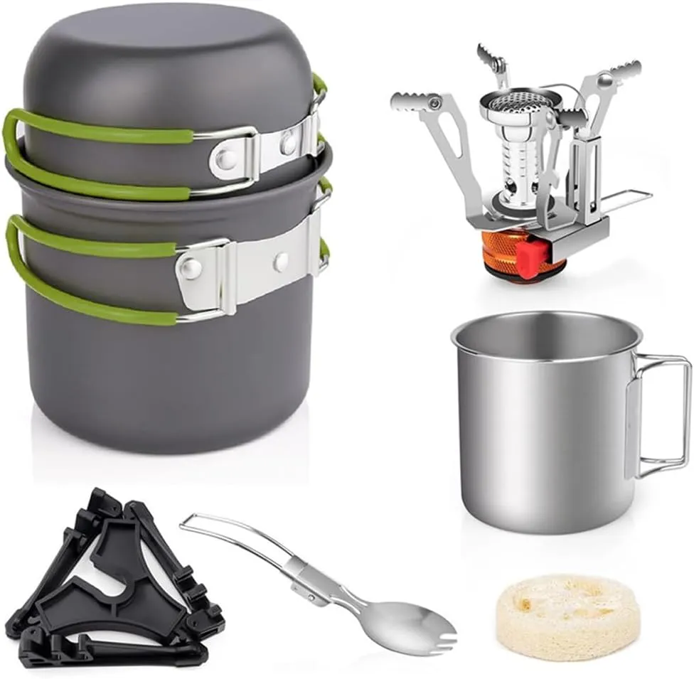 Camping Cookware Set with Folding Camping Stove Weight Pot Pan Set with Stainless Steel Cup & Fork Spoon for Outdoors Cooking Camping Hiking Picnic Backpacking