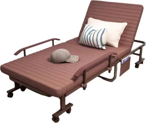 Camping Cot Folding Bed with Mattress Foldable Adjustable Backrest with Pulleys Curved Design Power Spring Suitable for Offices Living Rooms Hospitals 75.6 * 27.6 in