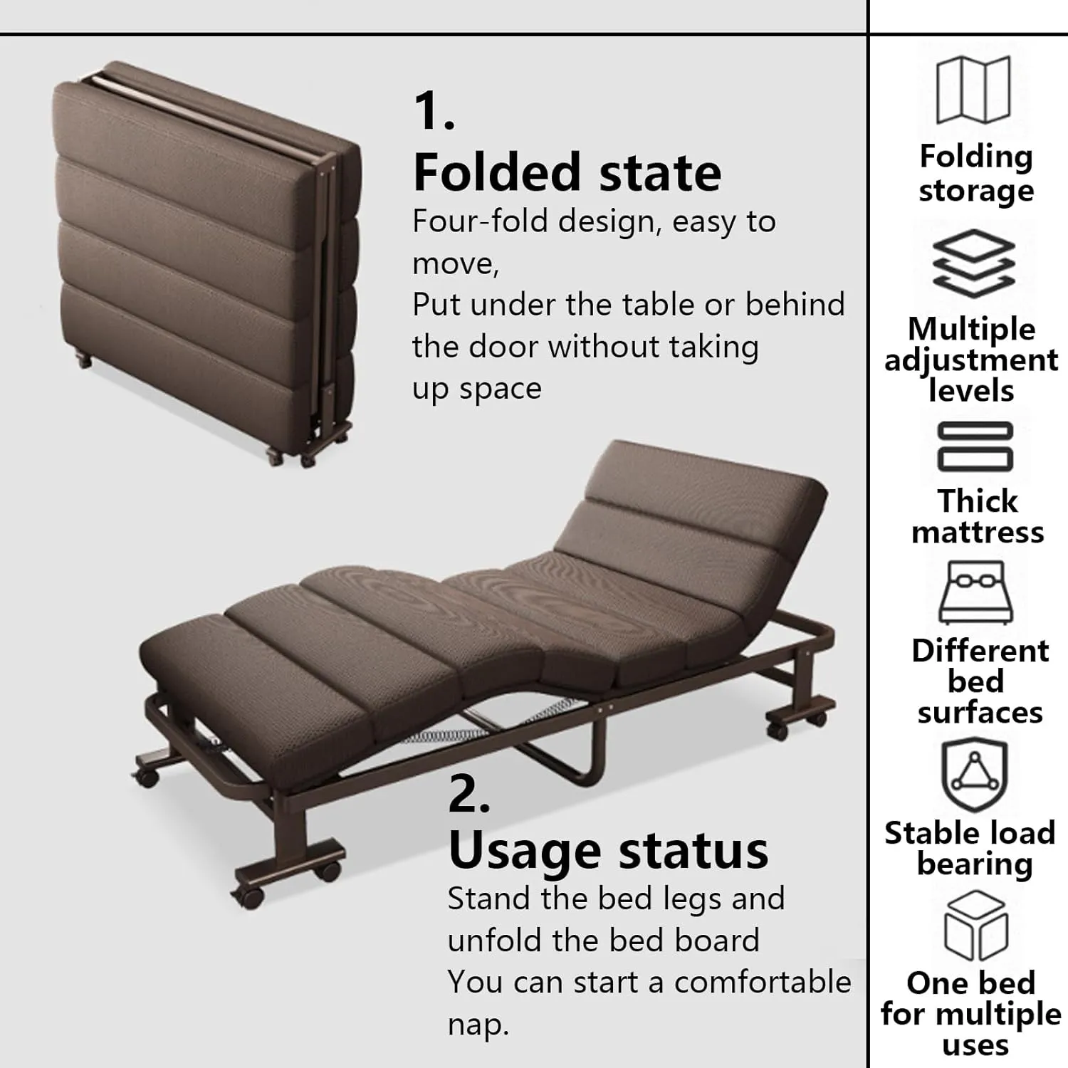 Camping Cot Folding Bed with Mattress Foldable Adjustable Backrest with Pulleys Curved Design Power Spring Suitable for Offices Living Rooms Hospitals 75.6 * 27.6 in