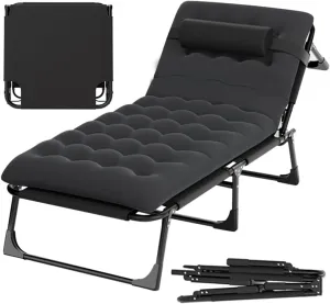 Camping Cot Folding Lounge Chair Adjustable 4 Level Folding Bed Bring Pillows and Cushions, 440 lb Capacity Folding Cot Reclining Chair for Office Beach Patio Yard