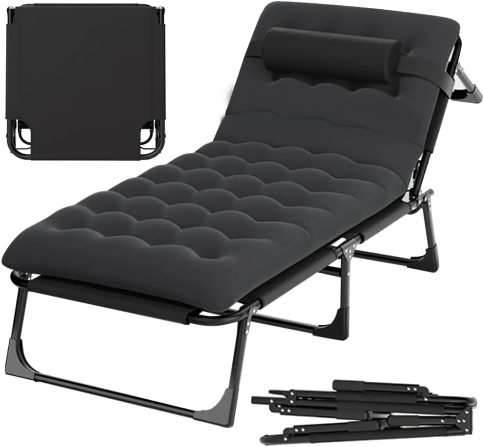 Camping Cot Folding Lounge Chair Adjustable 4 Level Folding Bed Bring Pillows and Cushions, 440 lb Capacity Folding Cot Reclining Chair for Office Beach Patio Yard