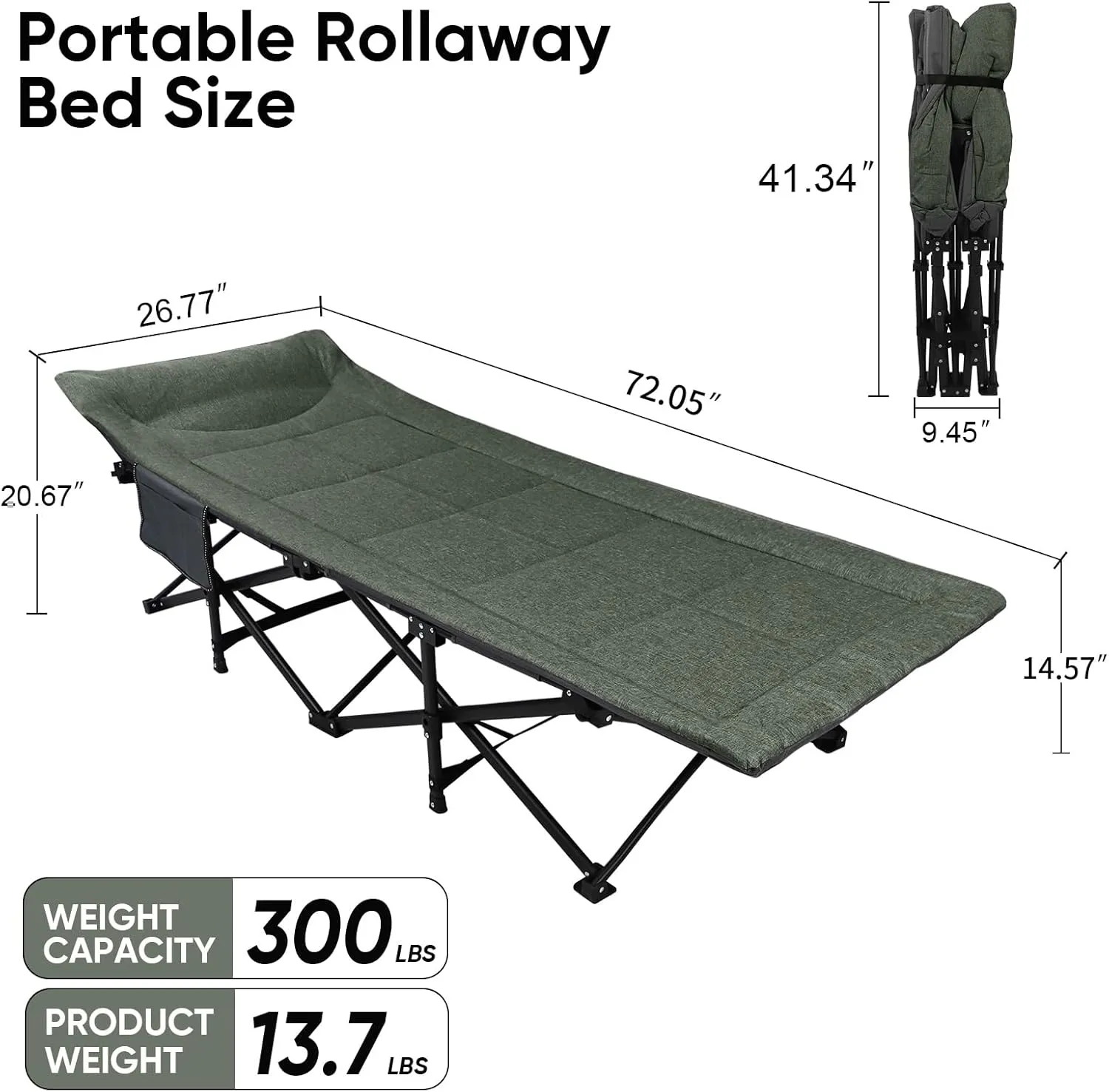 Camping Cot for Adults with Cushion and Pillow, Portable Folding Bed for Sleeping, Lightweight Tent cot with Carry Bag Supports 450 lbs (Green)