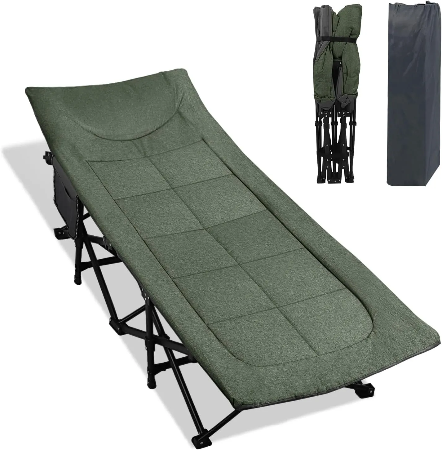 Camping Cot for Adults with Cushion and Pillow, Portable Folding Bed for Sleeping, Lightweight Tent cot with Carry Bag Supports 450 lbs (Green)