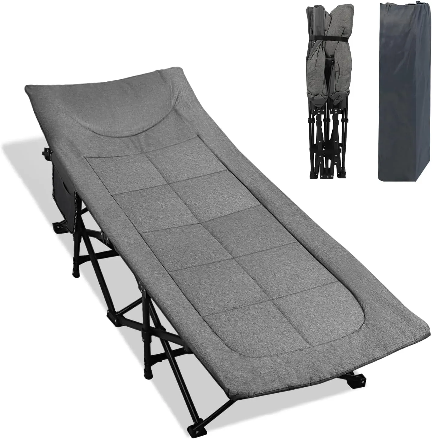 Camping Cot for Adults with Cushion and Pillow, Portable Folding Bed for Sleeping, Lightweight Tent cot with Carry Bag Supports 450 lbs (Grey)