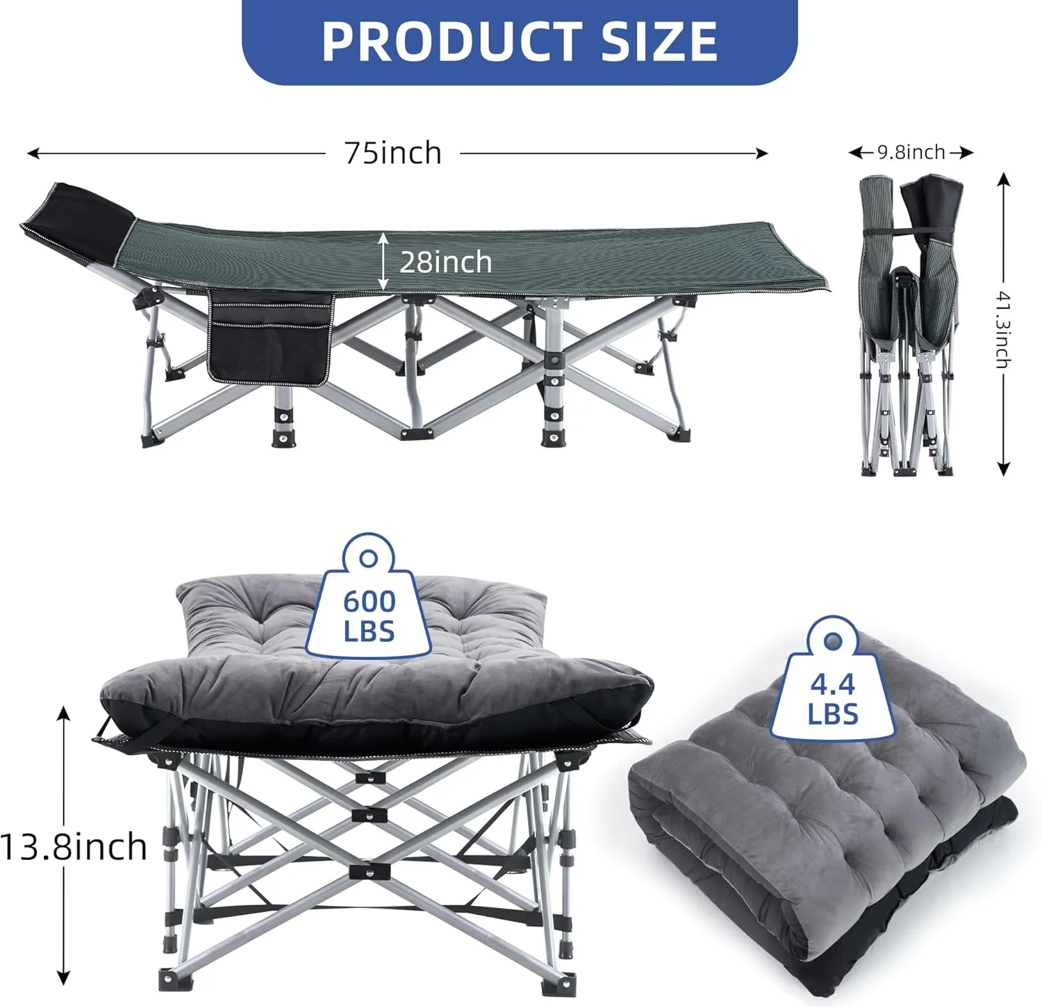 Camping Cot, Sleeping Cots for Adults, Portable Camping cots with Mattress, Pillow and Carry Bag, 1200D Double Layer Oxford, 600 LBS Weight Capacity Cots for Sleeping(Grey Black)