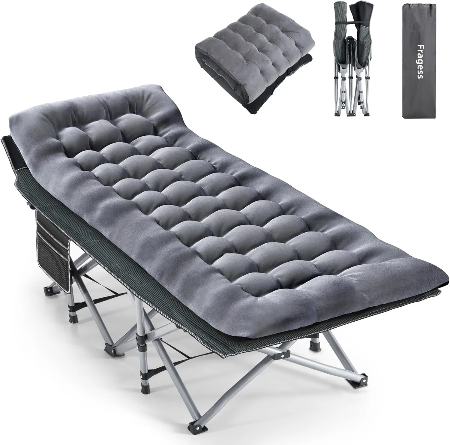 Camping Cot, Sleeping Cots for Adults, Portable Camping cots with Mattress, Pillow and Carry Bag, 1200D Double Layer Oxford, 600 LBS Weight Capacity Cots for Sleeping(Grey Black)