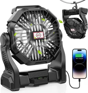 Camping Fan with LED Lantern, 20000mAh Portable Rechargeable Battery Powered Table Fan with Hook, Camping Gear for Picnic, Fishing, Car or Hurricane Power Outages (Black)