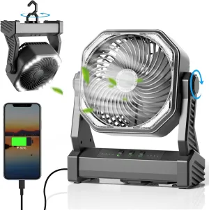 Camping Fan with LED Lantern, 20000mAh Rechargeable Battery Operated Portable Fan with Hook, 270°Rotation, 4 Speeds, 3 Brightness, Personal USB Desk Fan for Camping Travel Power Outage