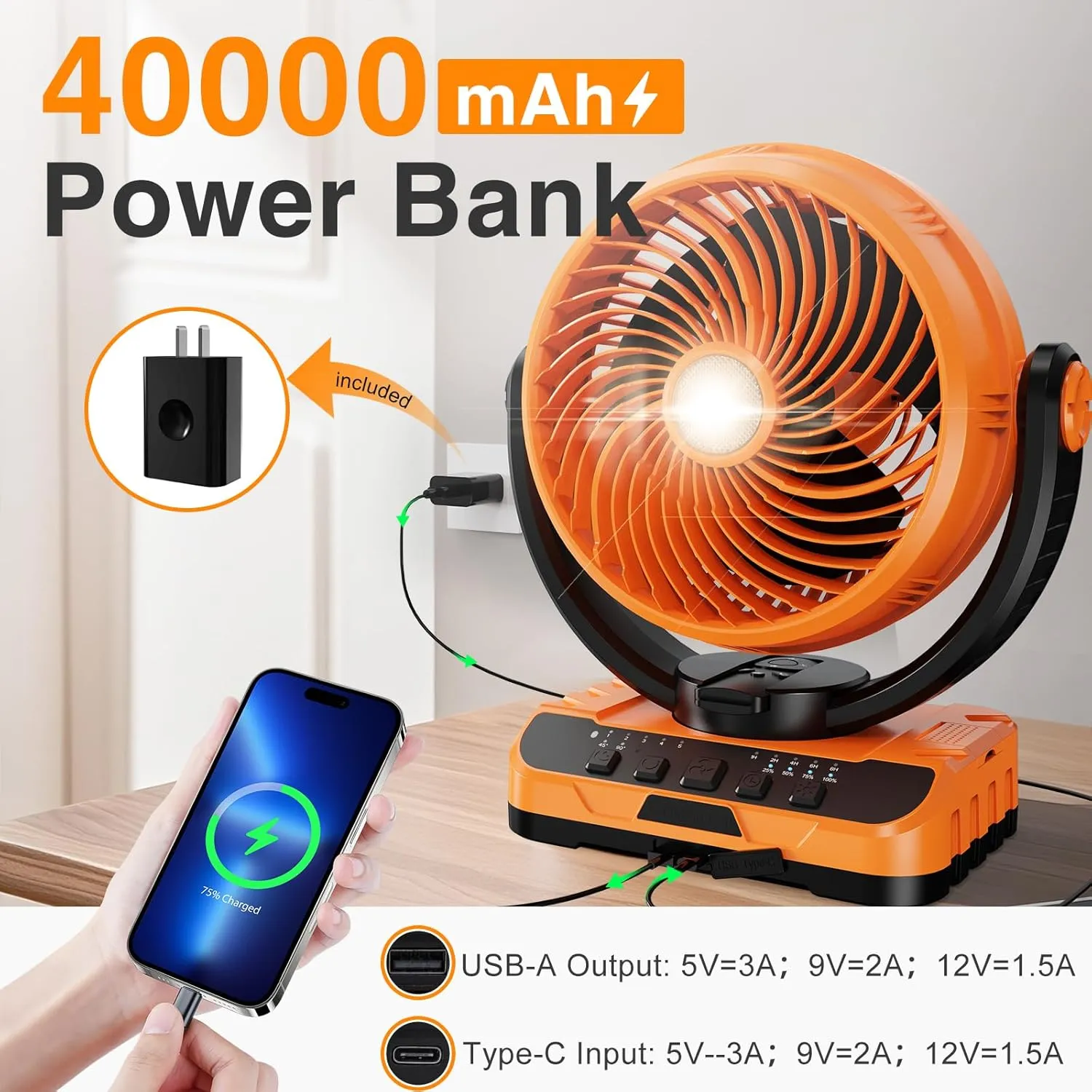 Camping Fan with LED Lantern, 40000mAh Rechargeable Battery Operated Outdoor Tent Fan with Light & Hanging Hook, 5 Speeds, Personal USB Desk Fan for Camping, Power Outage, Hurricane, Jobsite