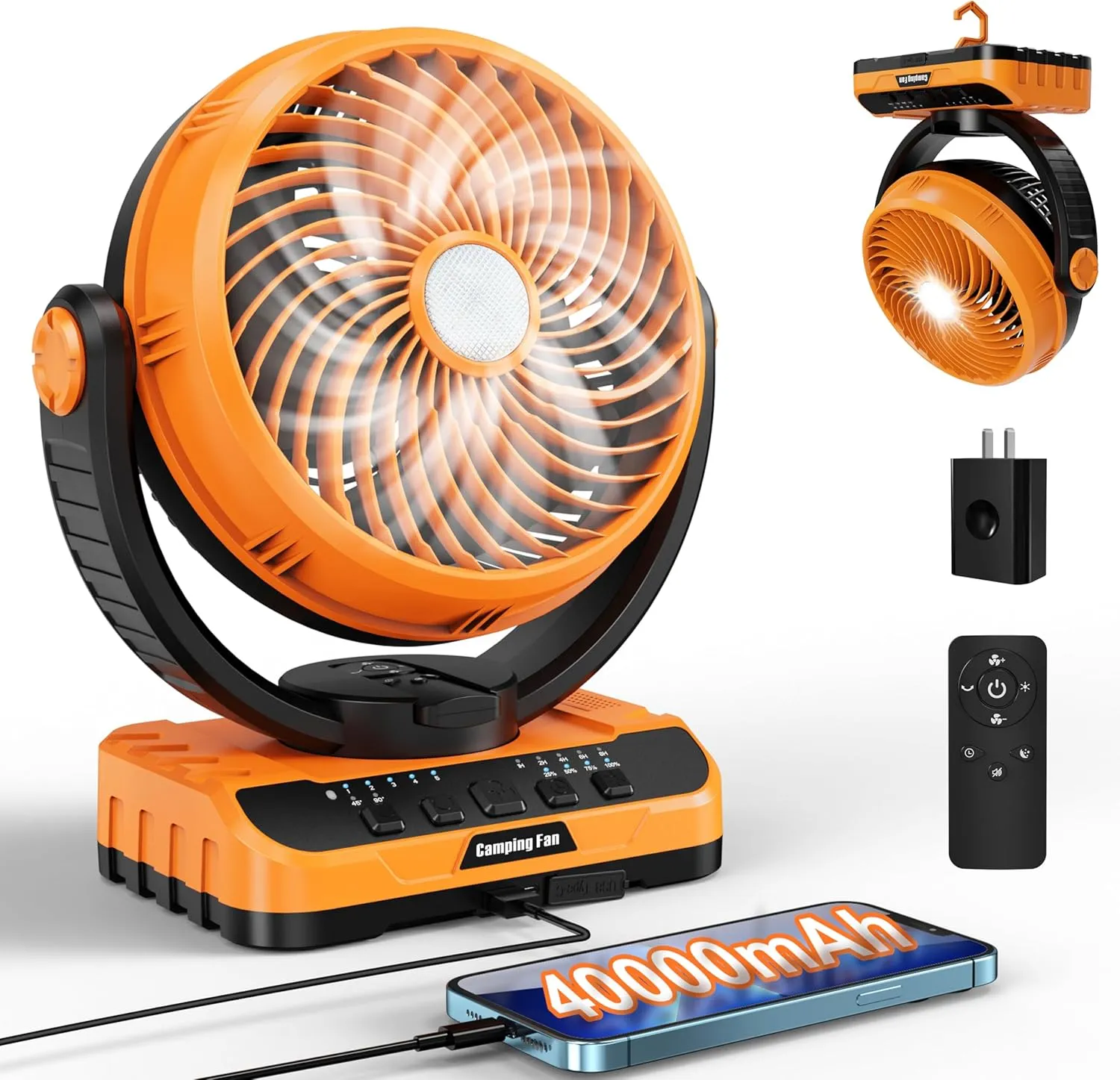 Camping Fan with LED Lantern, 40000mAh Rechargeable Battery Operated Outdoor Tent Fan with Light & Hanging Hook, 5 Speeds, Personal USB Desk Fan for Camping, Power Outage, Hurricane, Jobsite
