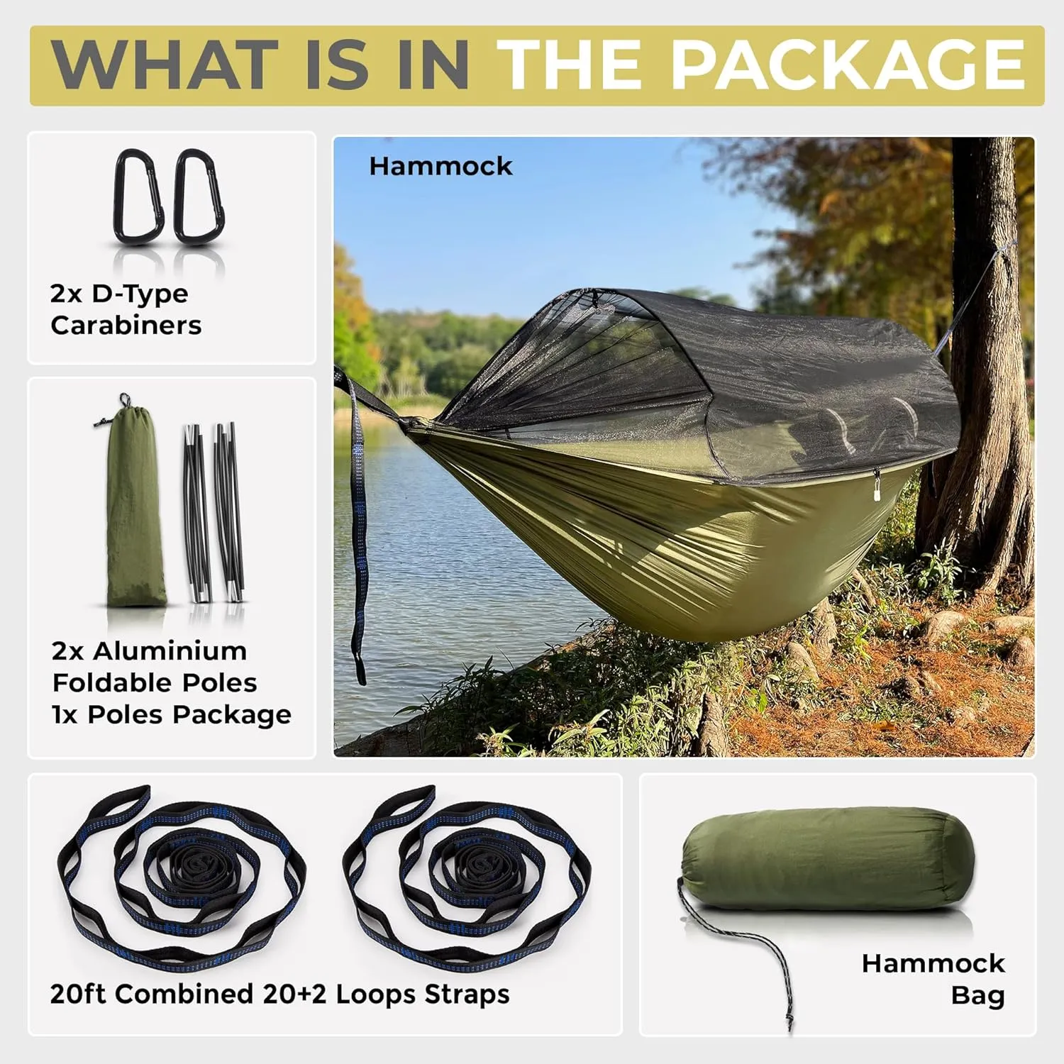 Camping Hammock with Mosquito Net – Lightweight & Portable Double/Single Hammock with House-Like Net, Easy Setup for Hiking, Backpacking, and Outdoor Sleeping