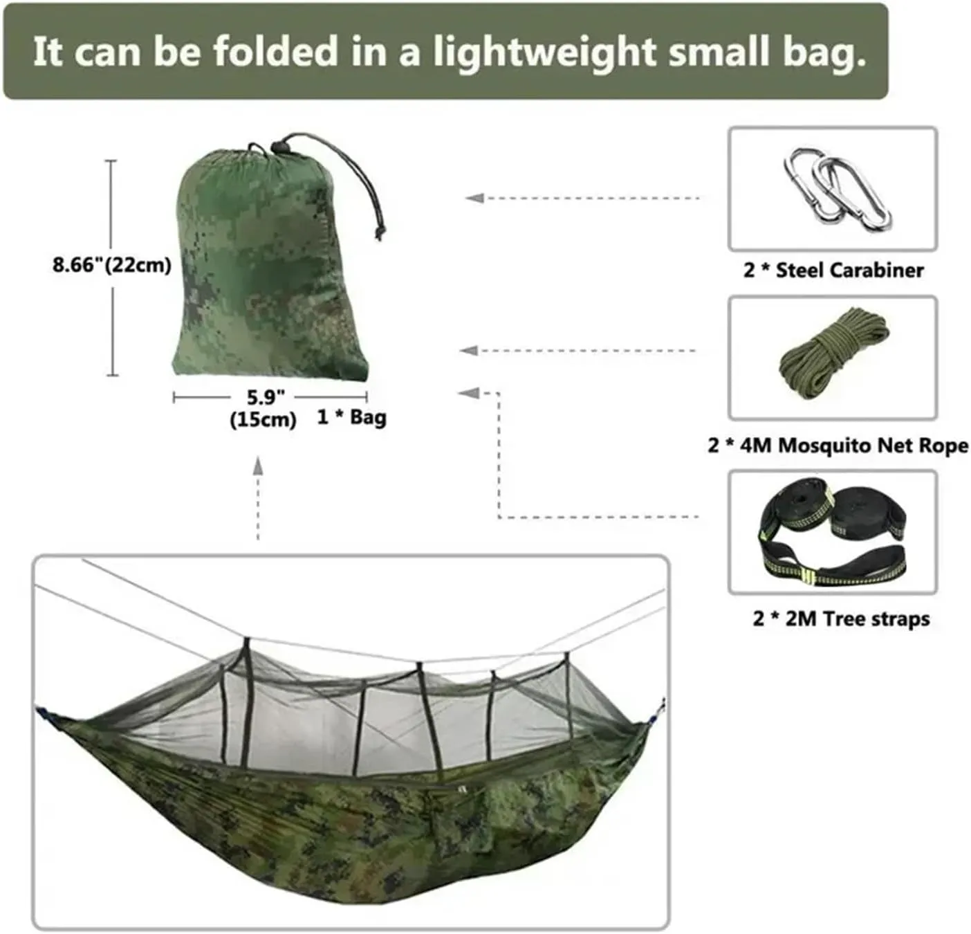 Camping Hammock with Mosquito Net&Rainfly Tent Tarp Tree Straps,Portable Nylon Hammock Tent for Camping Hiking Backyard Travel for Terrace, Outdoor(Black and Green)