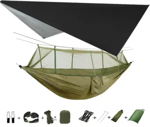 Camping Hammock with Mosquito Net&Rainfly Tent Tarp Tree Straps,Portable Nylon Hammock Tent for Camping Hiking Backyard Travel for Terrace, Outdoor(Black and Green)